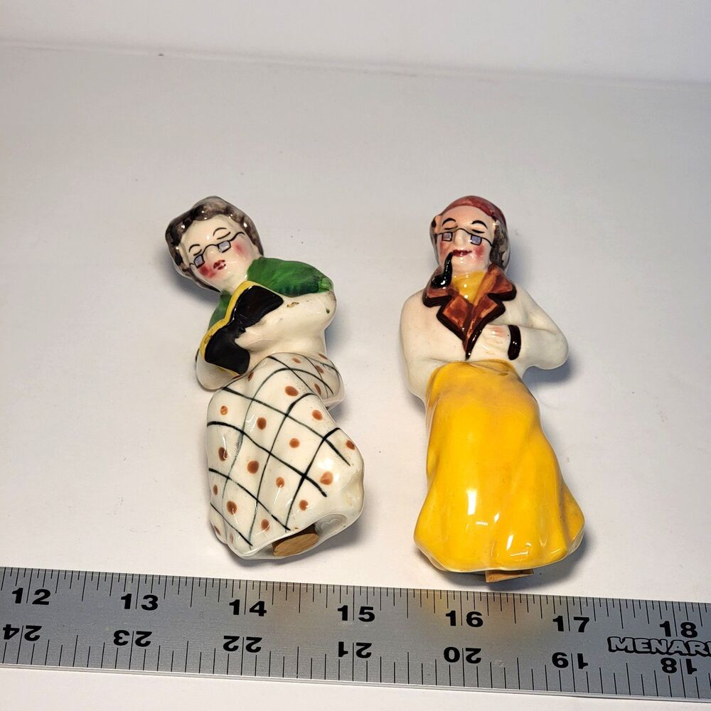 Vtg Mid Century Ceramic Elderly Couple Salt Pepper Shakers Japan Grandma Grandpa